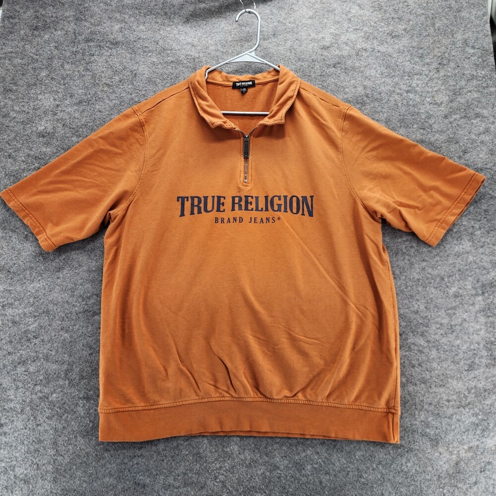 True Religion Shirt Mens 2XL Short Sleeve Orange Quarter Zip